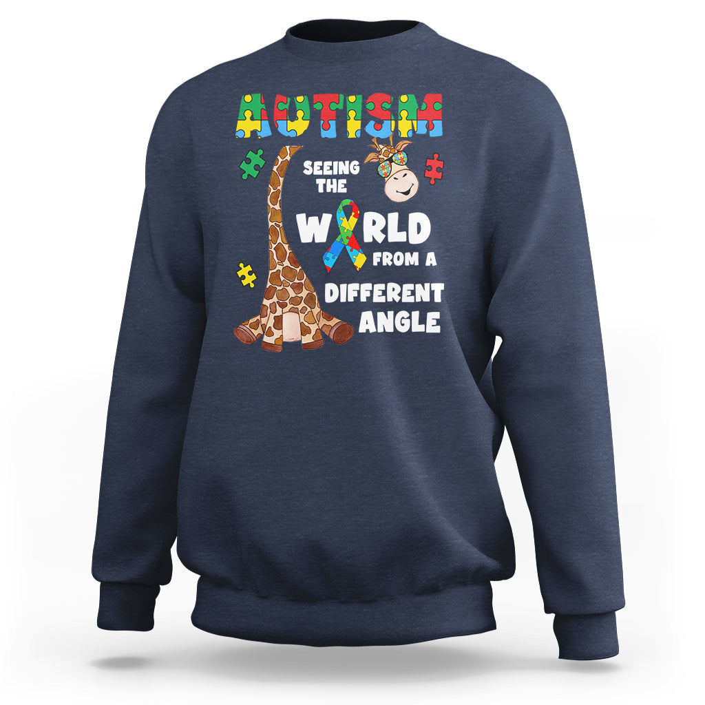 Navy crewneck sweatshirt with giraffe puzzle graphic and autism-style slogan on front
