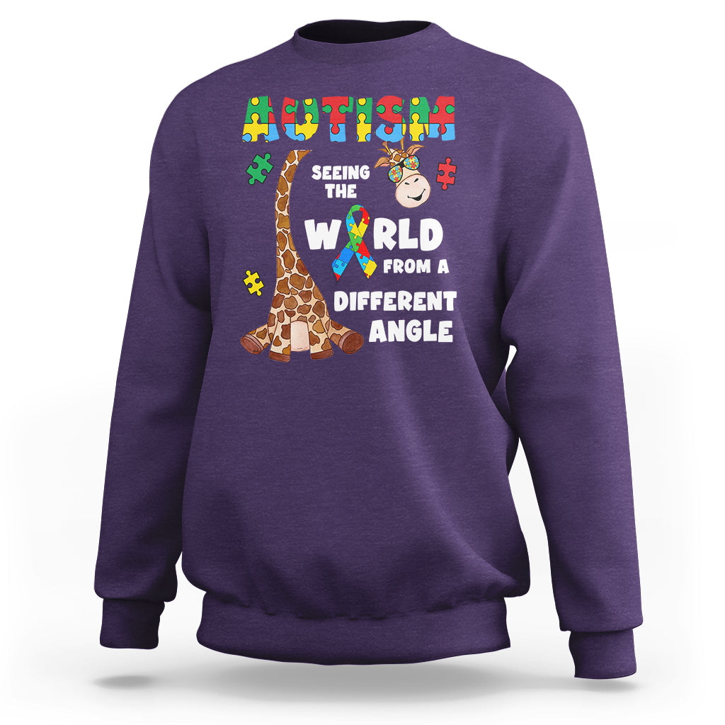 Purple crewneck sweatshirt with giraffe puzzle graphic and autism-style slogan on front