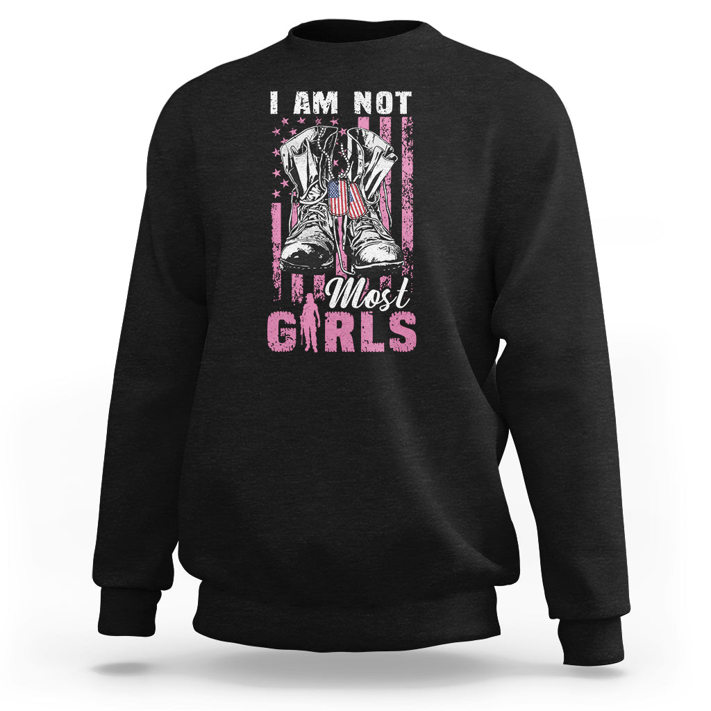 Black sweatshirt with patriotic boot graphic and “I AM NOT MOST GIRLS” text on front