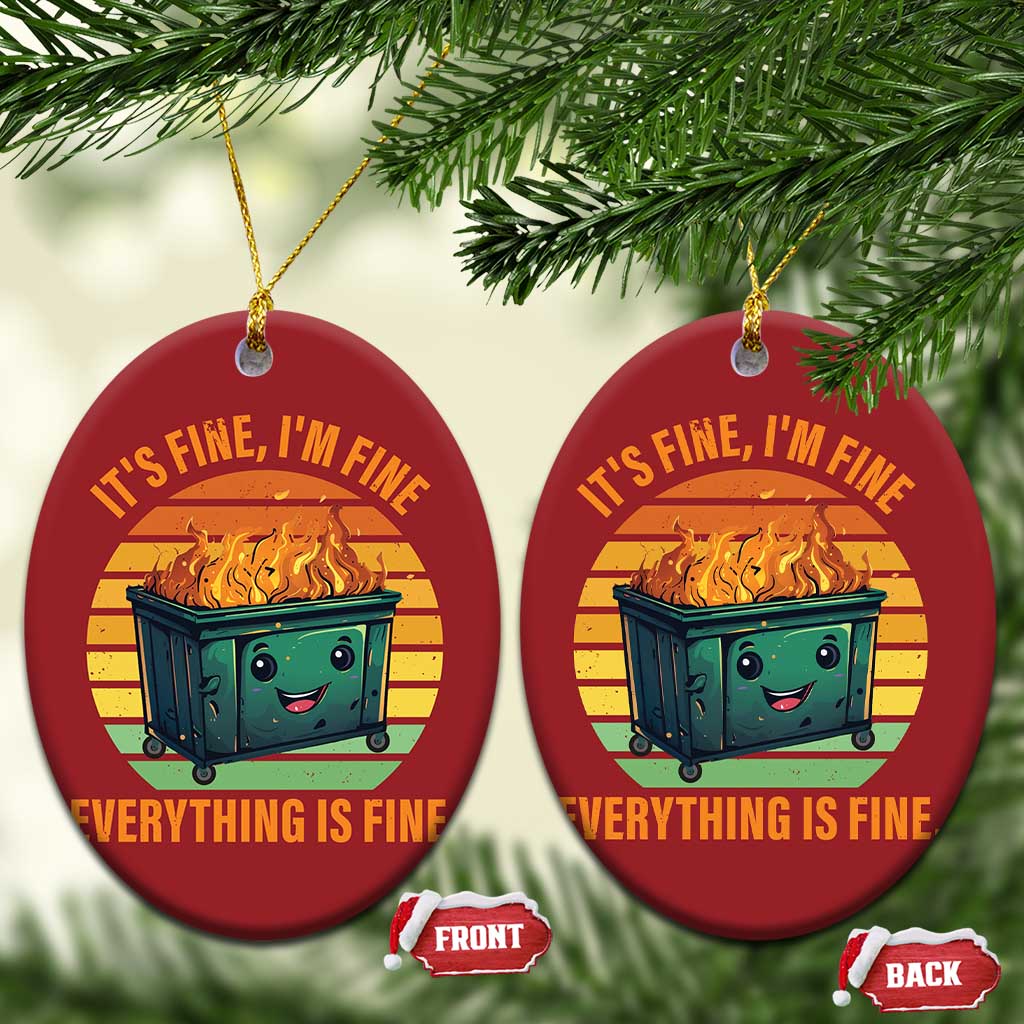 Pair of red round Christmas ornaments hanging with burning dumpster graphic and “Everything is Fine.”