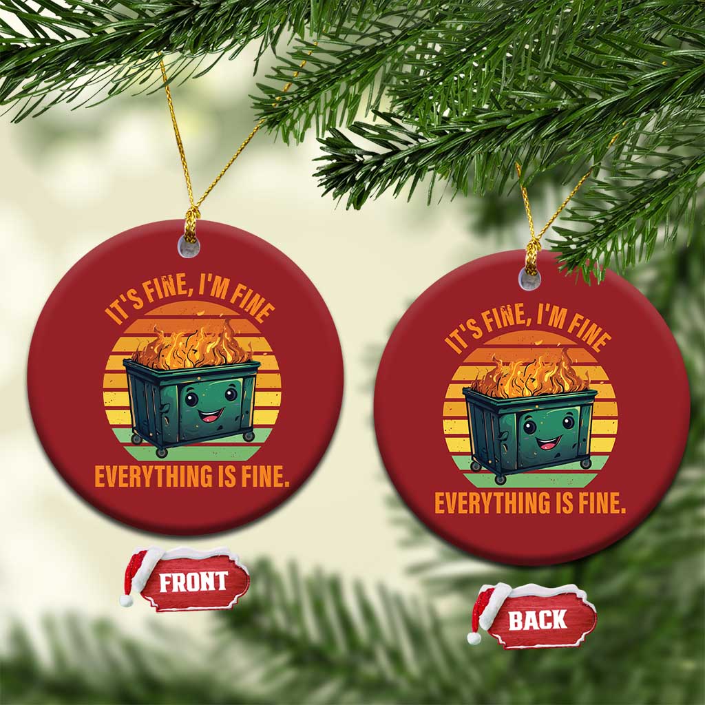 Two red round Christmas ornaments hanging from branches, each with burning dumpster graphic.