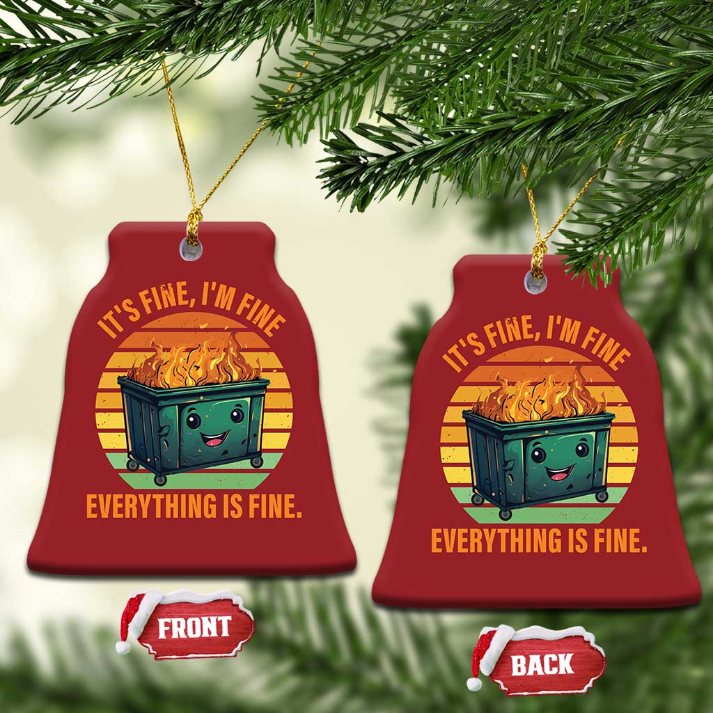 Two red bell-shaped Christmas ornaments with burning dumpster graphic and slogan, one front/back view.