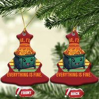 Two red Christmas tree-shaped ornaments with burning dumpster graphic and “Everything is Fine.”