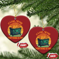 Two red heart-shaped Christmas ornaments with burning dumpster graphic and “Everything is Fine.”