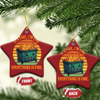 Two red star-shaped Christmas ornaments with burning dumpster graphic and “Everything is Fine.”