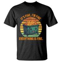 Black crew-neck T-shirt with colorful retro dumpster fire graphic and “Everything is fine” text.