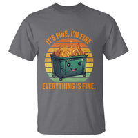 Charcoal crew-neck T-shirt with colorful retro dumpster fire graphic and “Everything is fine” text.