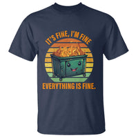 Navy crew-neck T-shirt with colorful retro dumpster fire graphic and “Everything is fine” text.