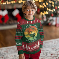 Kids holiday crewneck sweater, green/red fair isle pattern with circular 'Everything is fine' graphic