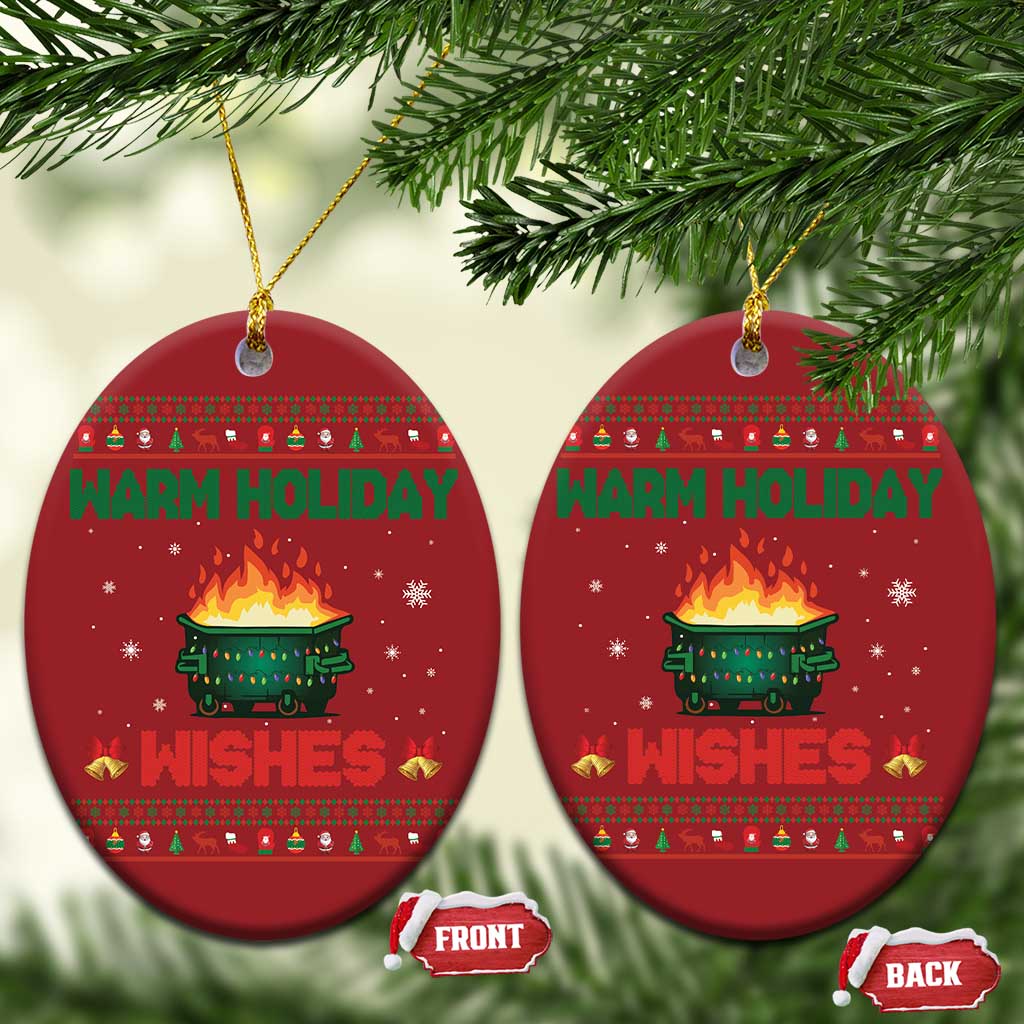 Set of 2 red oval Christmas ornaments with gold hooks; “Warm Holiday Wishes” fire pot graphic.