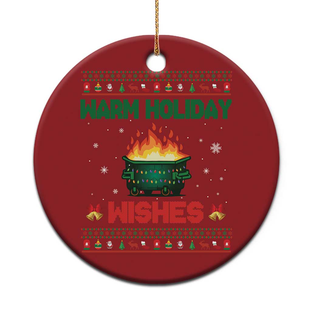 Red round Christmas ornament with gold hanging loop; “Warm Holiday Wishes” graphic and fire pot.