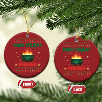 Set of 2 red round Christmas ornaments with gold hooks; “Warm Holiday Wishes” holiday fire graphic.