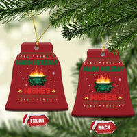 Set of 2 red bell-shaped Christmas ornaments with gold hooks; “Warm Holiday Wishes” fire pot graphic.