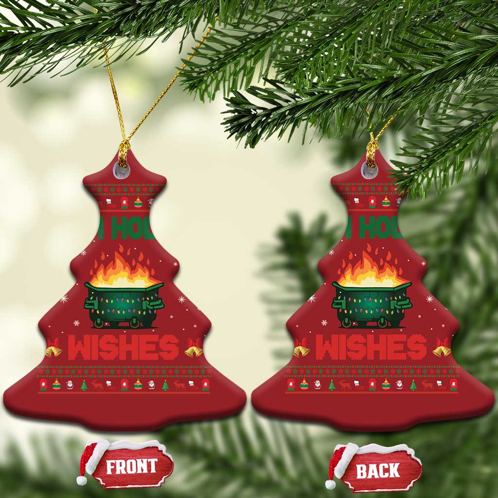 Set of 2 red tree-shaped Christmas ornaments with gold hooks; “Warm Holiday Wishes” fire graphic.