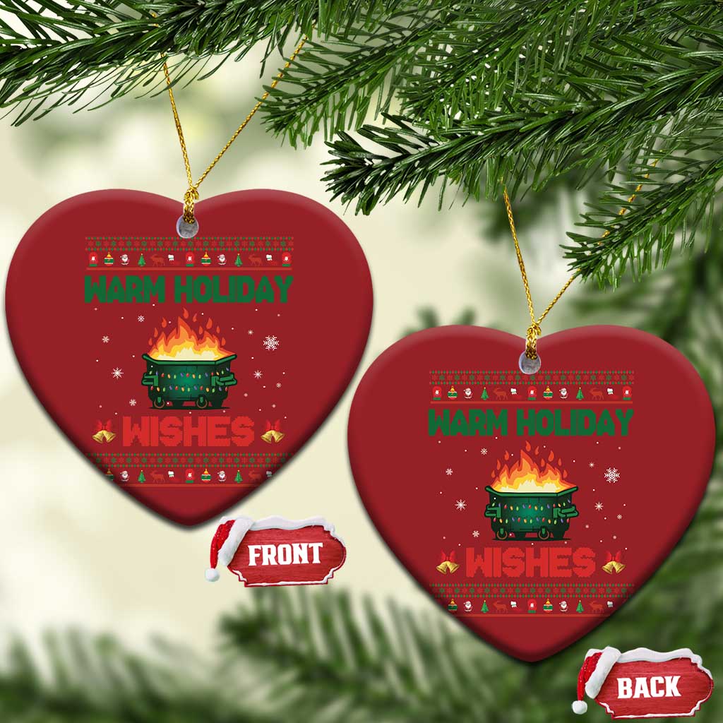 Set of 2 red heart-shaped Christmas ornaments with gold hooks; “Warm Holiday Wishes” fire pot graphic.