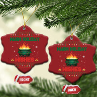Set of 2 red oval-shaped Christmas ornaments with gold hooks; “Warm Holiday Wishes” fire pot graphic.
