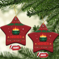 Set of 2 red star-shaped Christmas ornaments with gold hooks; “Warm Holiday Wishes” fire pot graphic.