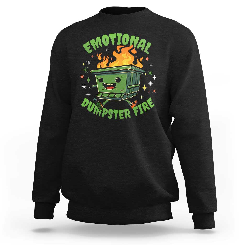 Black sweatshirt with fiery green dumpster graphic, ribbed crew neck and cuffs.