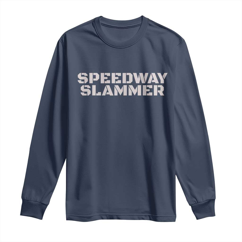 Navy long-sleeve T-shirt with SPEEDWAY SLAMMER front graphic