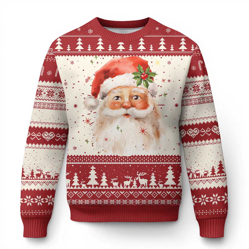 Red and cream knit sweater with Santa face graphic and festive border patterns