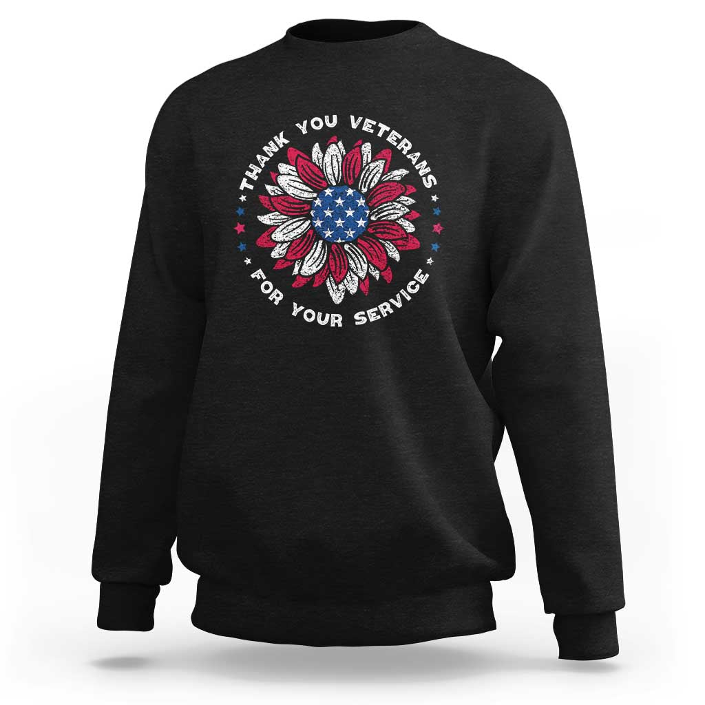 Black crewneck sweatshirt with “Thank You Veterans” floral American flag graphic on front