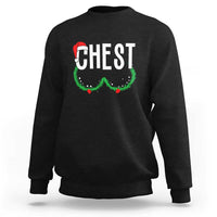 Black crewneck sweatshirt with "CHEST" holiday graphic and green wreath design