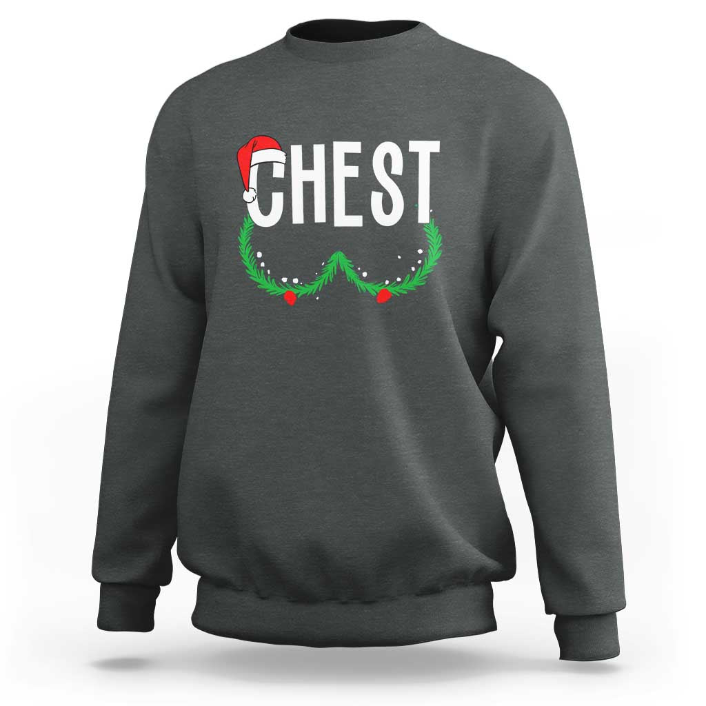 Dark heather crewneck sweatshirt with "CHEST" holiday graphic and green wreath design