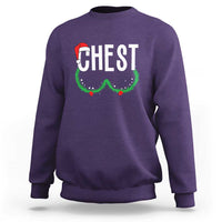 Purple crewneck sweatshirt with "CHEST" holiday graphic and green wreath design