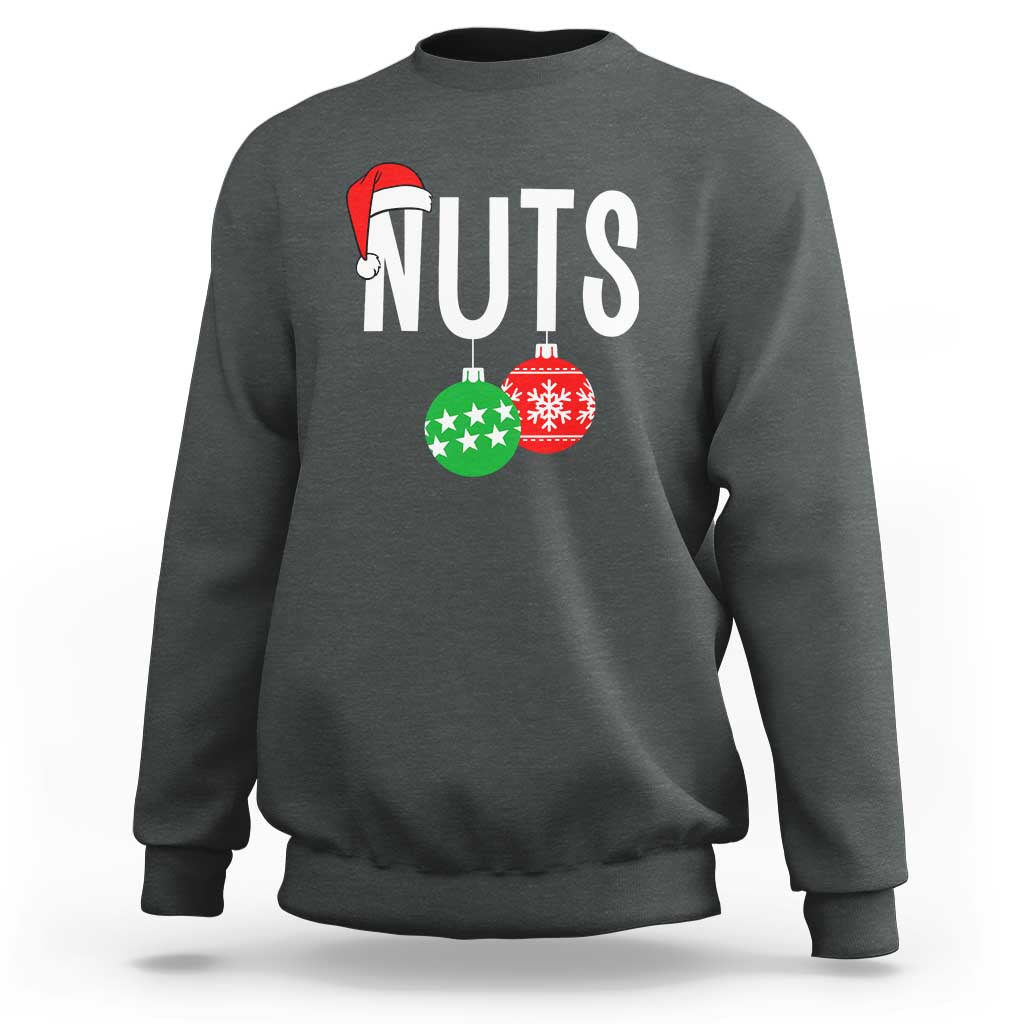 Dark heather crewneck sweatshirt with “NUTS” holiday nut graphic and red Santa hat