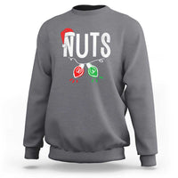 Dark heather gray crewneck sweatshirt with “NUTS” holiday graphic, long sleeves