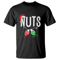 Black T-shirt with large "NUTS" graphic and red/green nut ornaments