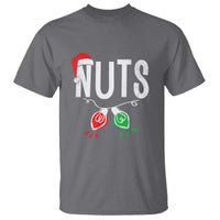 Charcoal gray T-shirt with "NUTS" text and red/green nut ornament icons