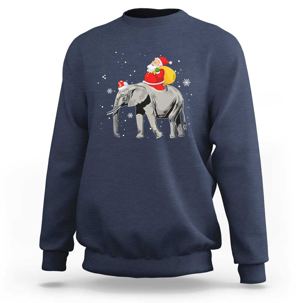 Navy crewneck sweatshirt with Santa riding an elephant graphic on the back