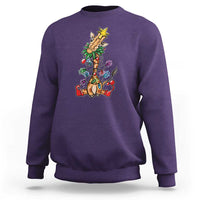 Purple crewneck sweatshirt with colorful giraffe Christmas tree graphic