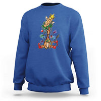 Royal blue crewneck sweatshirt with colorful giraffe Christmas tree graphic