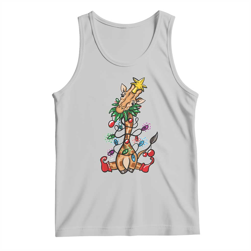 Light gray tank top with giraffe and Christmas tree graphic, sleeveless crew neck
