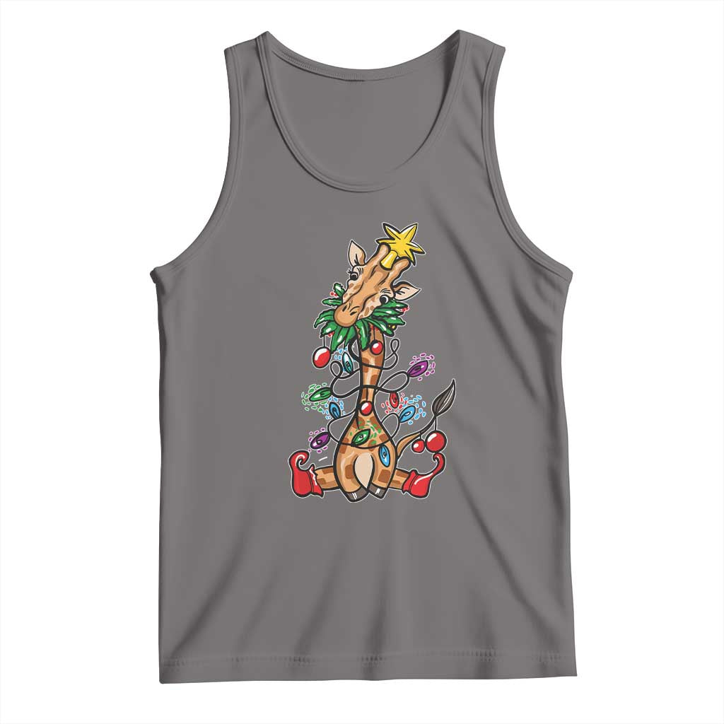 Gray Christmas giraffe tank top with colorful tree and ornaments graphic