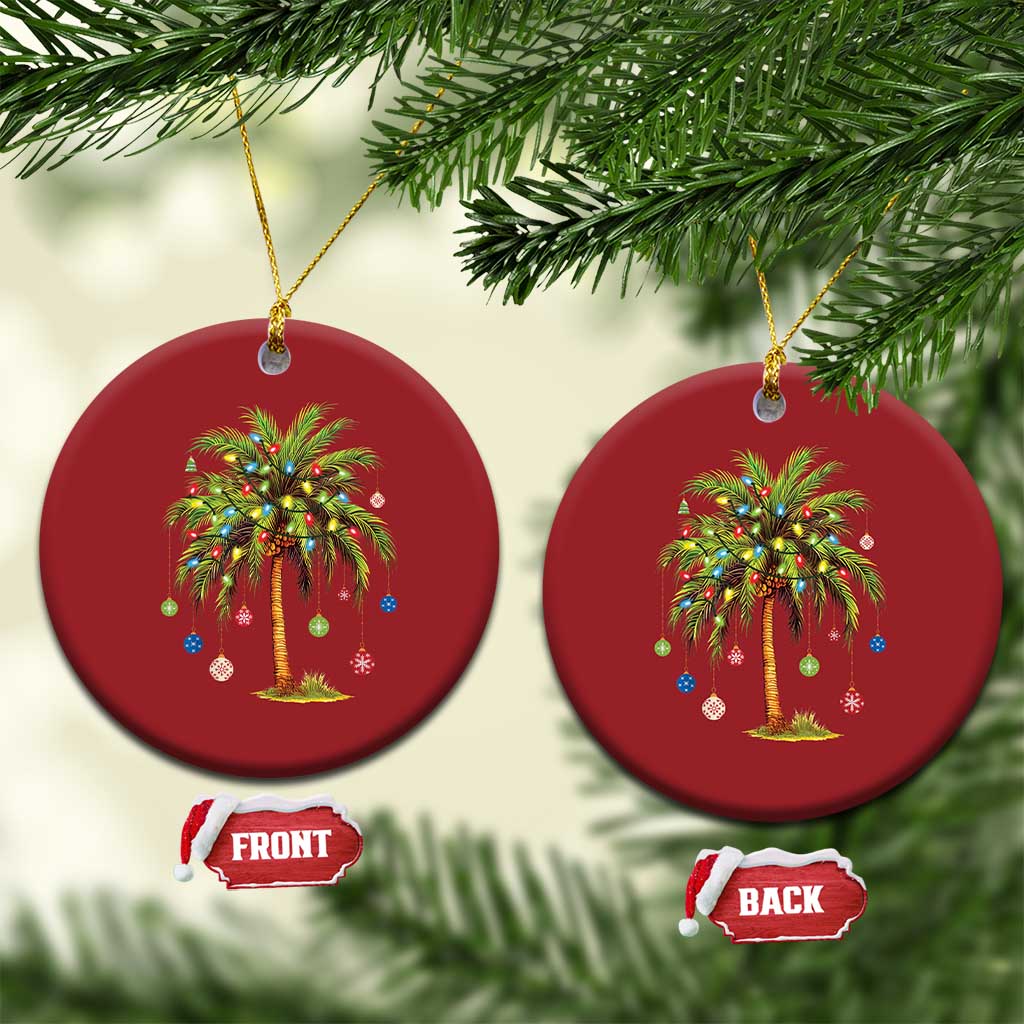 Pair of red round palm tree ornaments with multicolor lights, front and back shown.