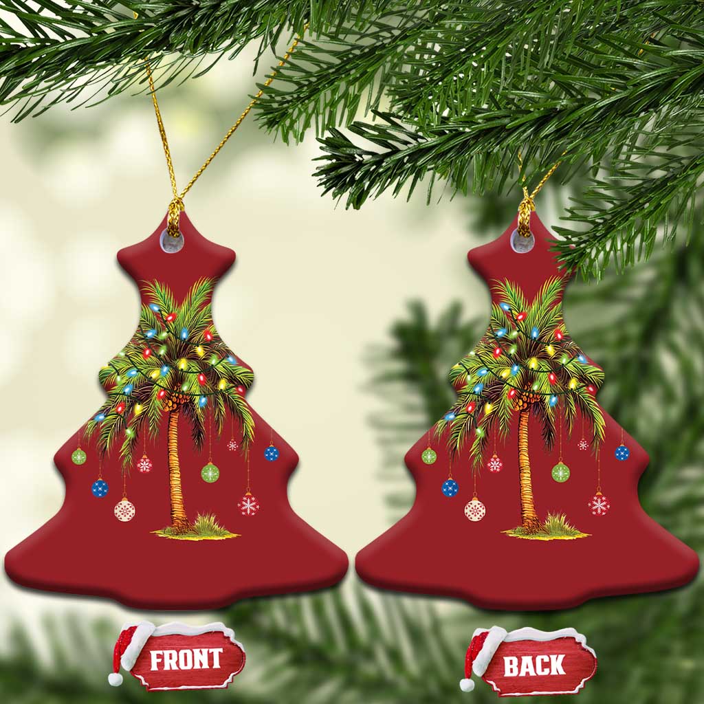 Pair of red Christmas tree-shaped palm tree ornaments with multicolor lights, front/back.