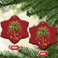 Pair of red star-shaped palm tree ornaments with multicolor lights, front and back shown.