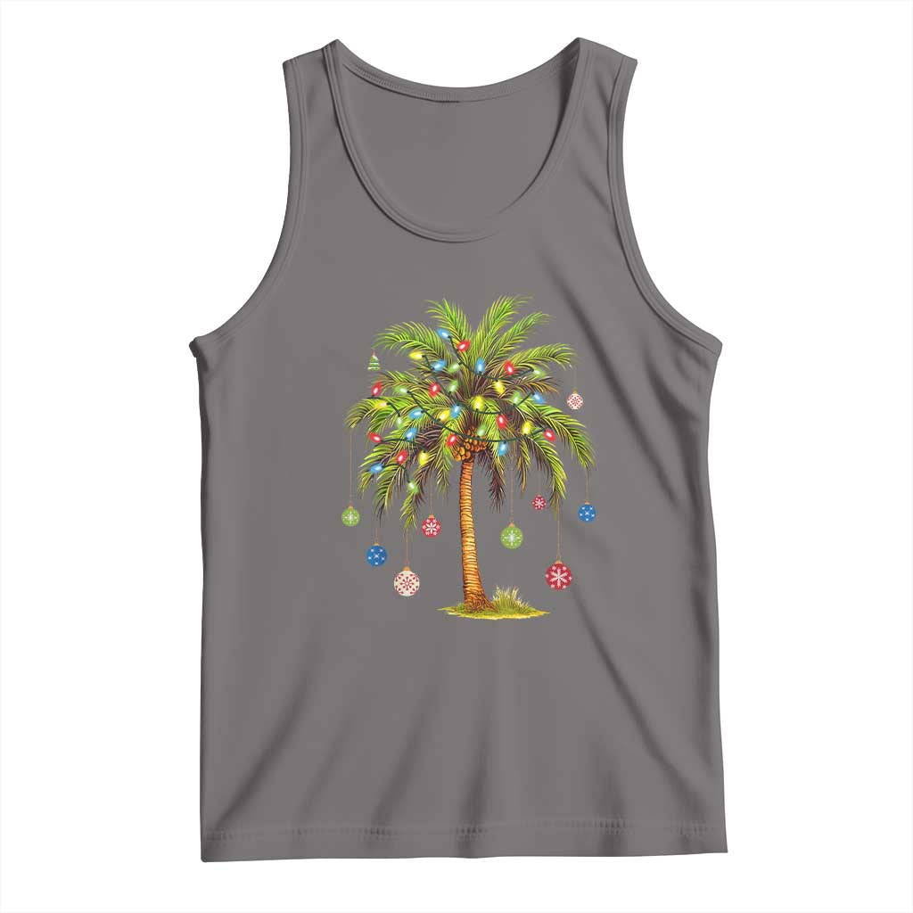 Dark gray Christmas palm tree tank top with colorful holiday lights graphic