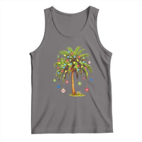 Dark gray Christmas palm tree tank top with colorful holiday lights graphic