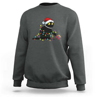 Dark heather gray crewneck sweatshirt with holiday cat graphic and colorful lights