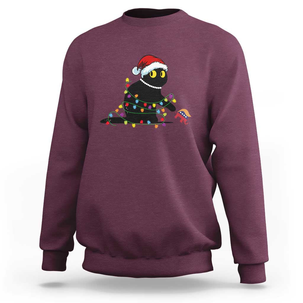 Maroon crewneck sweatshirt with holiday cat graphic wearing a Santa hat