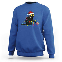 Royal blue crewneck sweatshirt with holiday cat graphic and festive light pattern