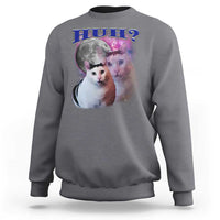Charcoal crewneck sweatshirt with cat graphic and “HUH?” text on the front.
