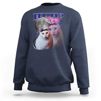 Navy crewneck sweatshirt with cat graphic and “HUH?” text on the front.