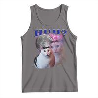 Heather gray cat meme tank top with purple 'HUH?' graphic and front cats