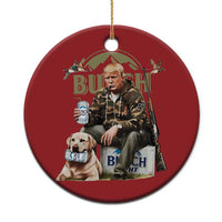 Red round Christmas ornament with printed portrait of man, holding dog treats, and leash text.