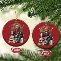 Set of red round Christmas ornaments with printed portrait of man and dog holding sign.